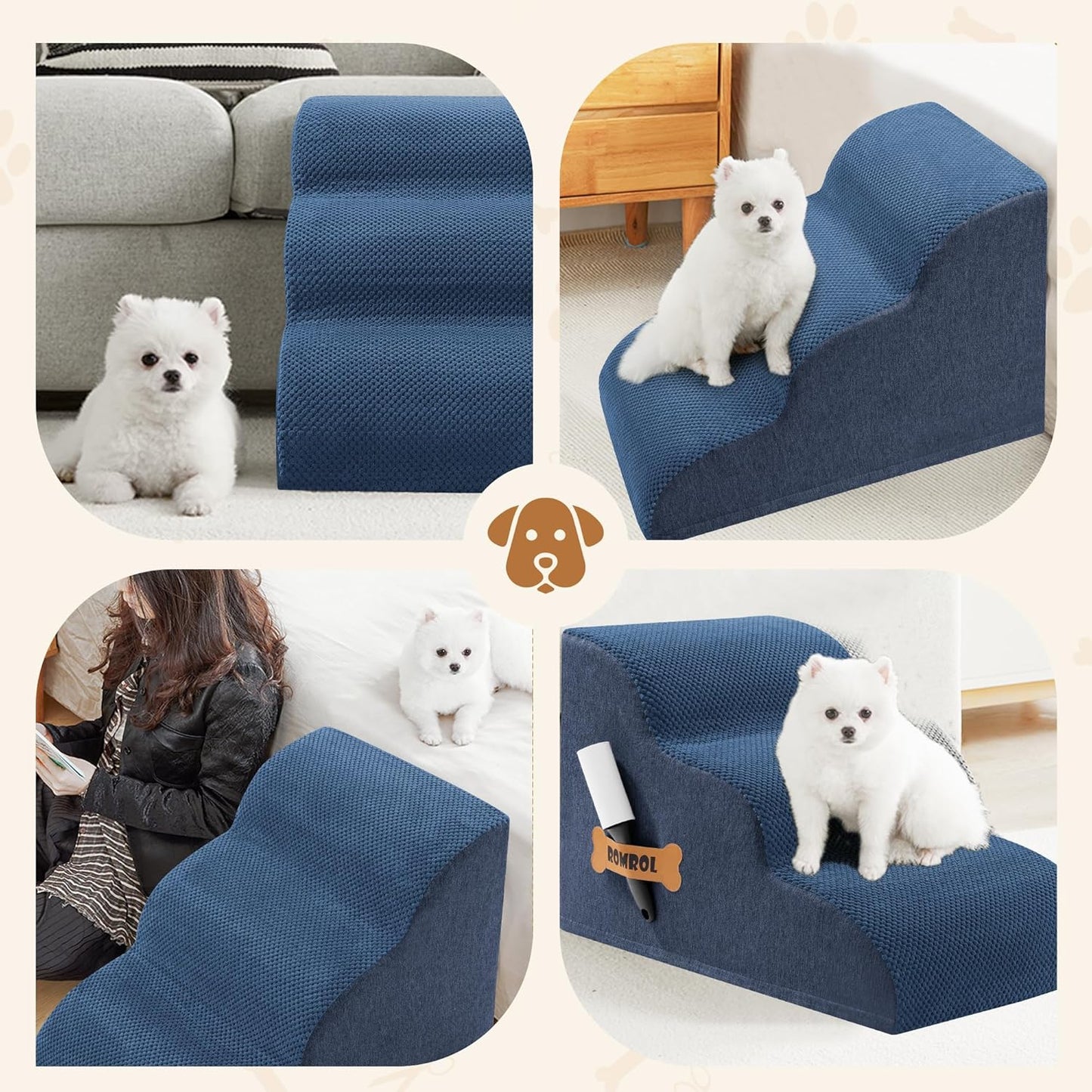 Romrol Dog Stairs Ramp for High Beds Couches, High Density Foam Pet Steps with Durable Non-Slip Waterproof Fabric Cover, Dog Stairs for Small Dogs or Cats or Pets, 3-Step,15 Inch,Dusty Blue