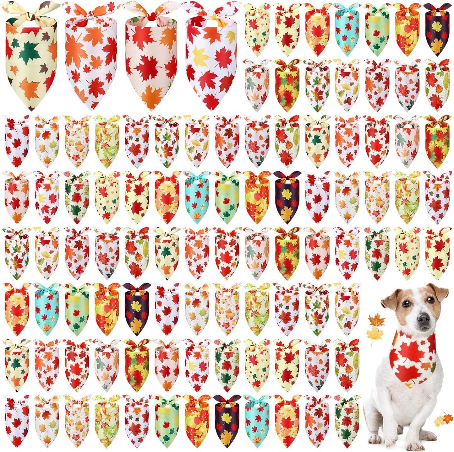 Chunful 100 Pieces Fall Dog Bandanas Bulk Autumn Pet Bandanas with Leaves Patterns Triangle Scarf Bib Kerchief Set for Small Large Dog Thanksgiving Costume Accessories (25.6 x 17.7 x 17.7)