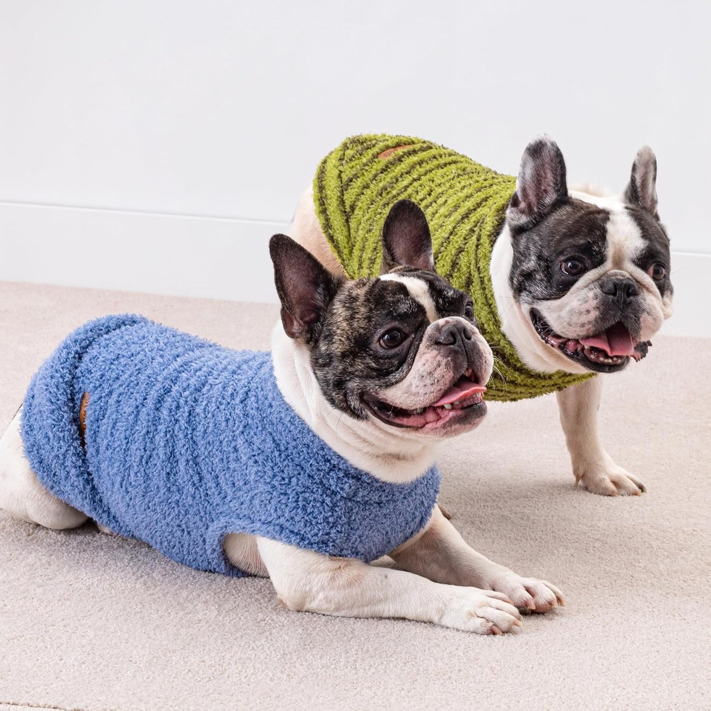 Fitwarm 2 Pack Striped Fleece Dog Sweater, Warm Winter Clothes for Small Dogs Boy Girl, Fuzzy Pet Outfit, Sky Blue, Olive Green, Large