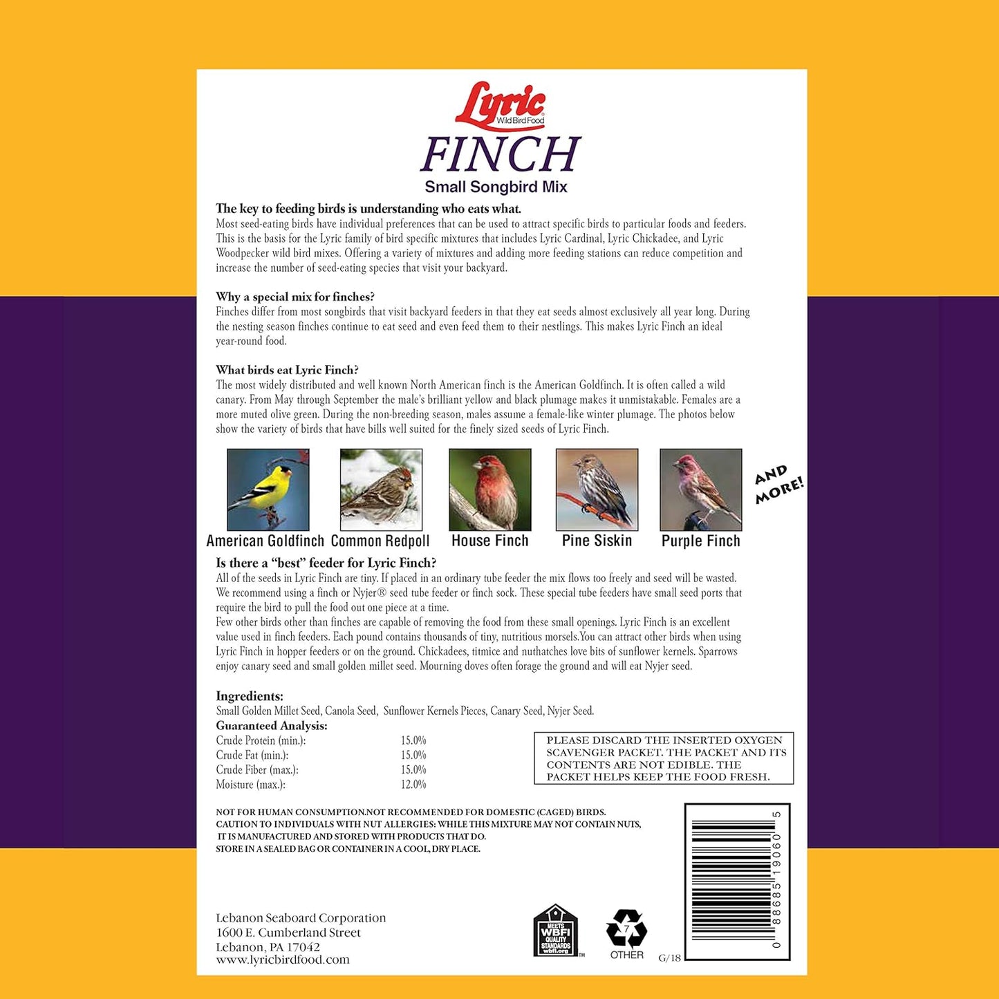 Lyric Finch - Small Songbird Wild Bird Seed - Attracts Goldfinches, House Finches, Purple Finches & More - 20 lb. bag