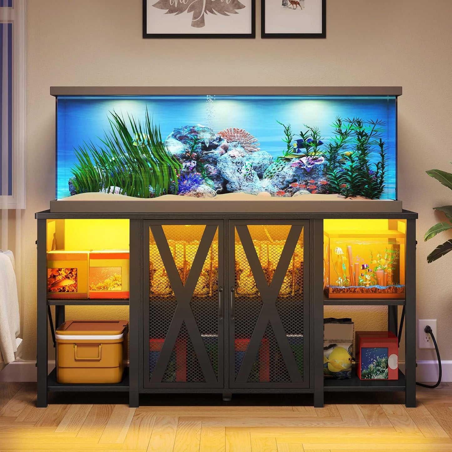 DWVO Reptile Tank Stand Aquarium Stand with Power Outlet & LED Light, 75/90/120 Gallon Terrarium Stand Cabinet - Heavy Duty Fish Tank Stand for Turtle Tank, Reptile Terrarium, 2000LBS Capacity, Black