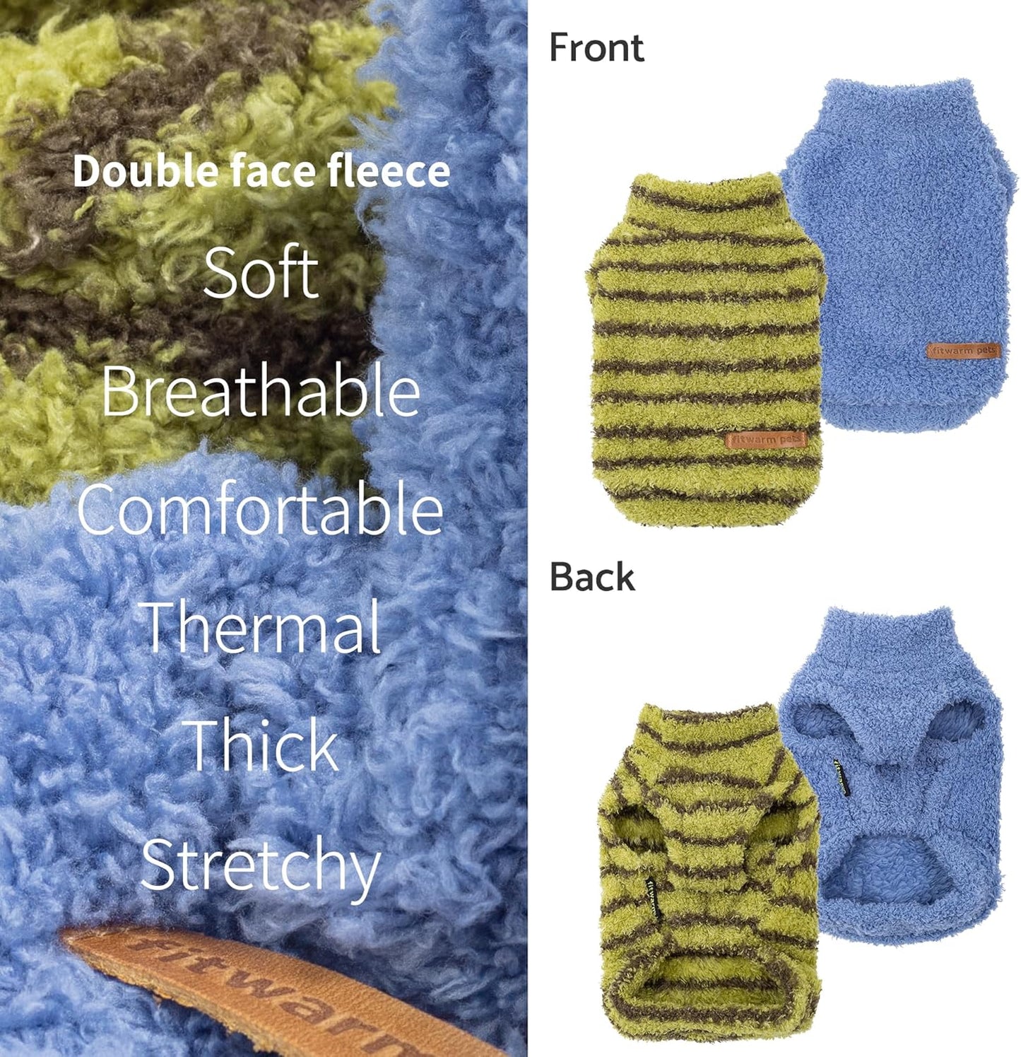 Fitwarm 2 Pack Striped Fleece Dog Sweater, Warm Winter Clothes for Small Dogs Boy Girl, Fuzzy Pet Outfit, Sky Blue, Olive Green, Small