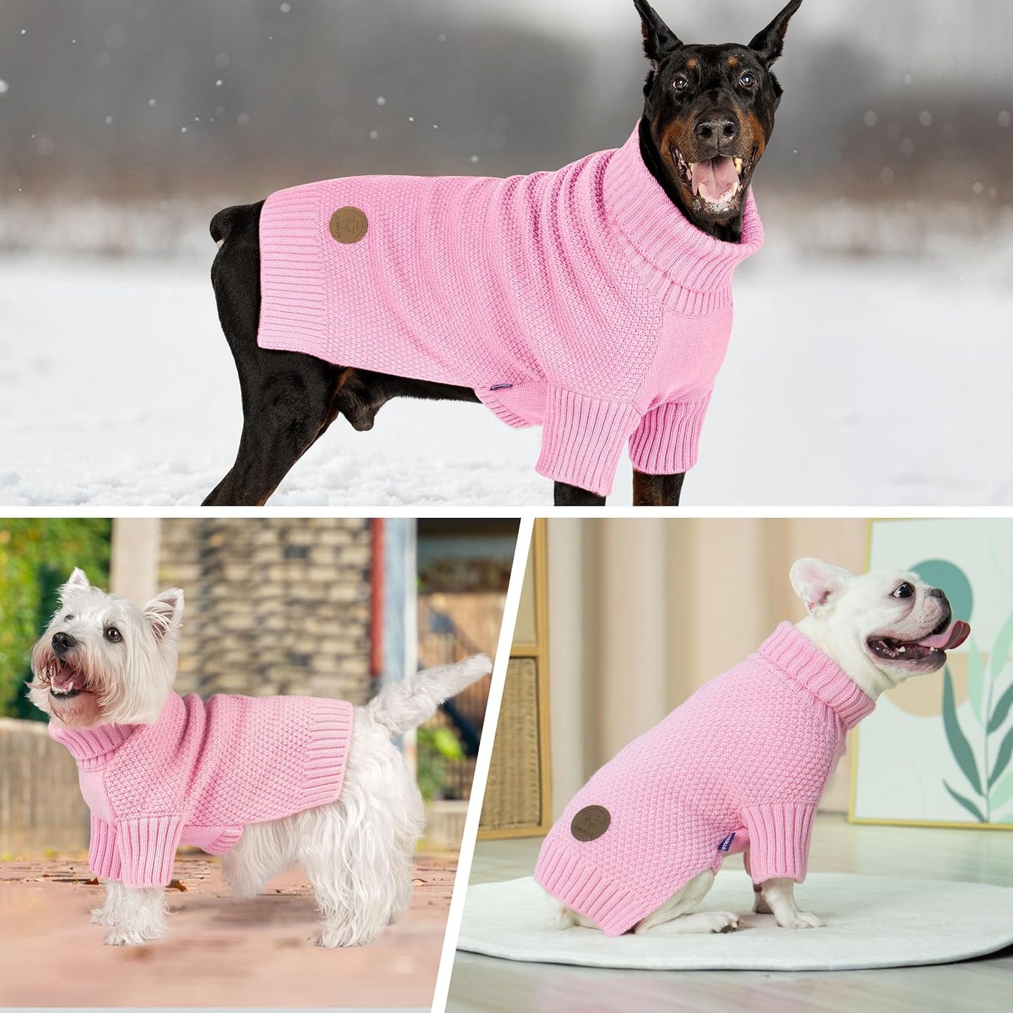 cyeollo Dog Sweater Knitwear Turtleneck Soft Knitwear Pullover Sweaters with Leash Hole Warm Dog Clothes for Medium Dogs,Pink, XXL