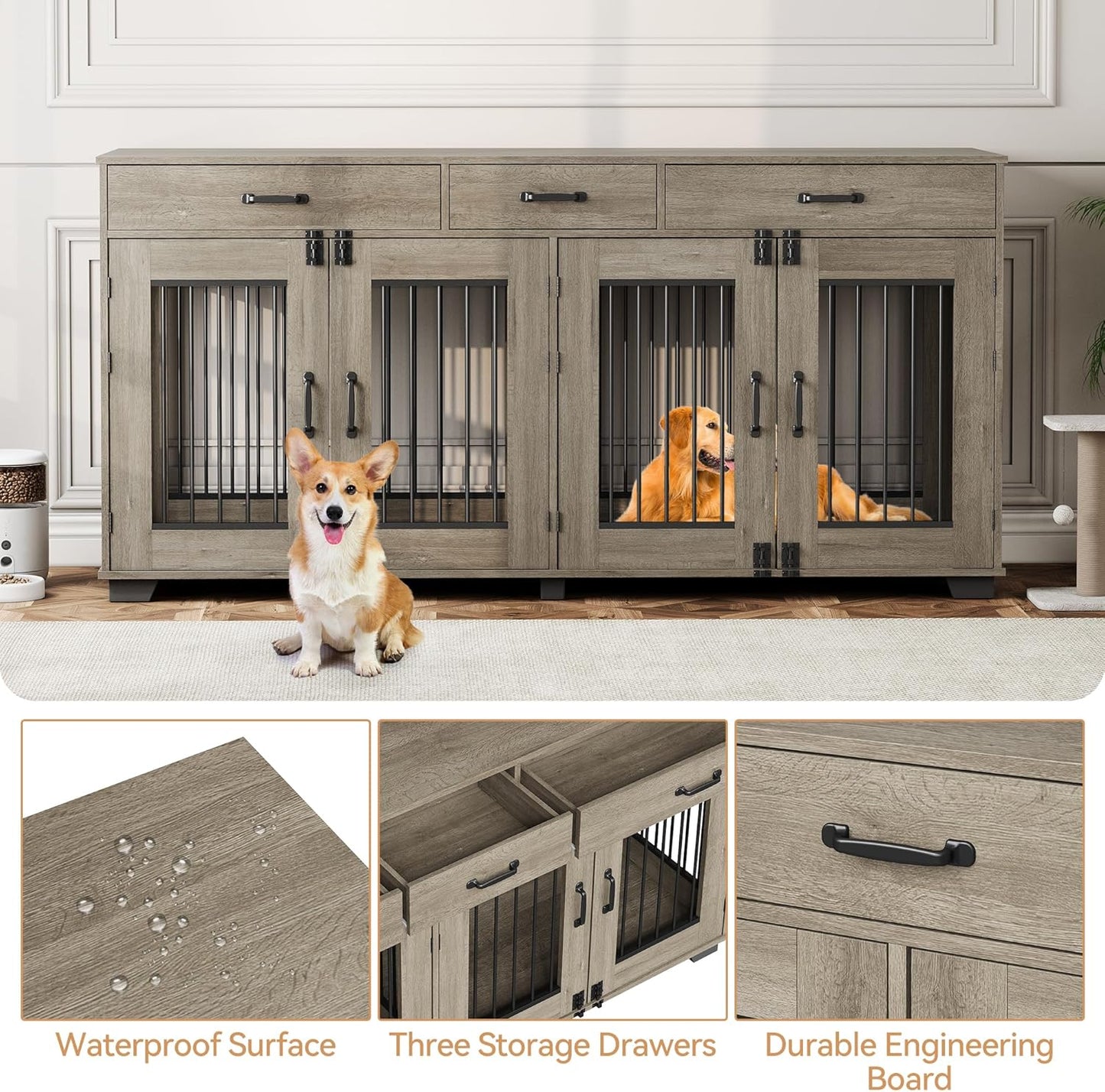 71'' Dog Crate Furniture, Wooden Indoor Dog Kennel for 2 Dogs with 3 Drawers and Removable Room Divider, XXL Double Dog Crate TV Stand End Table with Double Doors for Large Medium Dogs, Grey