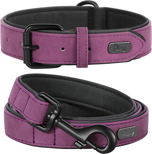 Didog Soft Padded Leather Dog Collar and Leash Set, Heavy Duty Dog Leash and Collar Set with Metal Buckle, Breathable Dog Collars with 4FT Leather Dog Leash for Small Medium Large Dogs, Purple, L