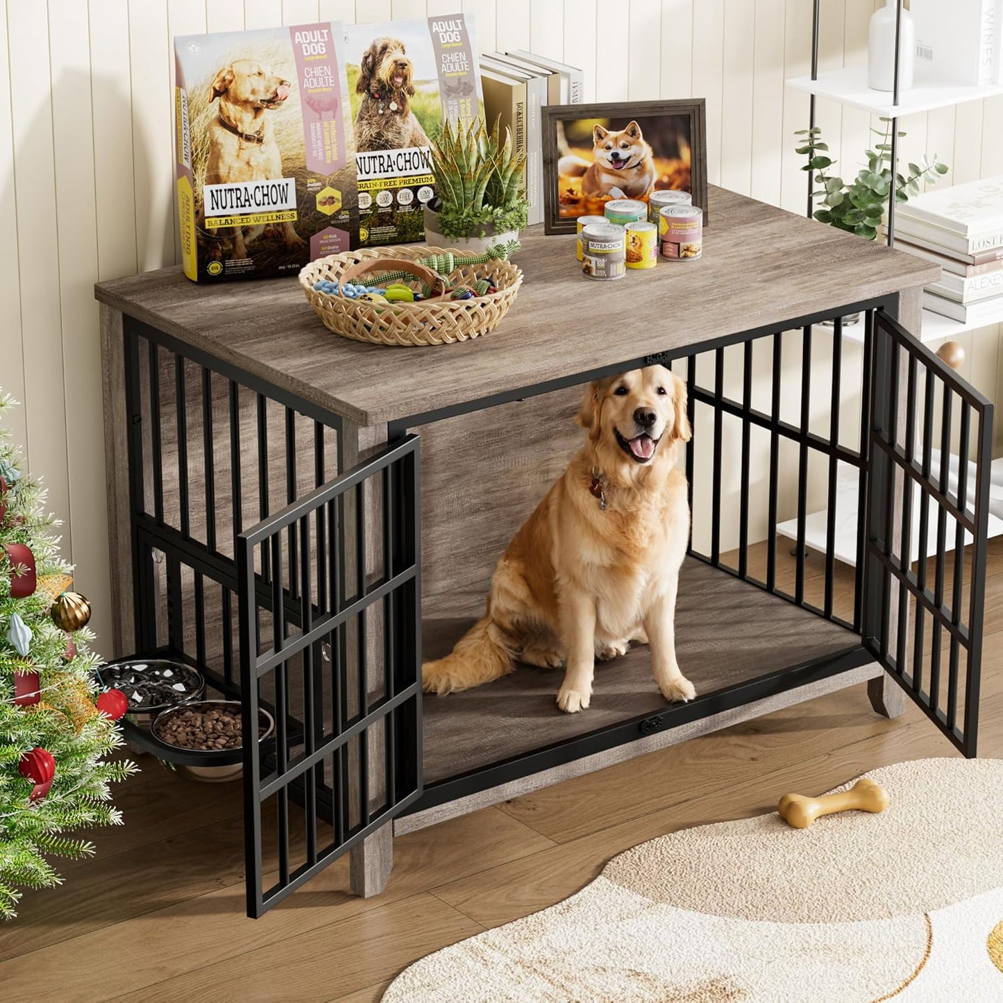 Lulive Large Dog Kennel Indoor with 360°& Adjustable Raised Dog Bowls, Wooden Dog Crate Furniture Double Doors Furniture Dog Crates End Table for Large/Medium Dogs 37.8" L*23.6" W*27" H, Grey