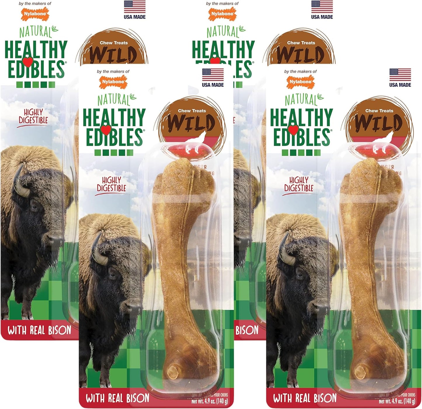 Nylabone Healthy Edibles Wild Natural Long-Lasting Bison Flavor Bone Chew Treats for Dogs, Large (1 Count) (Pack of 4)