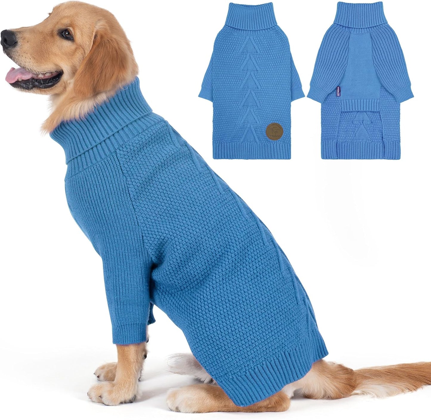 cyeollo 3XL Dog Sweaters for Large Dogs Boy, Stretchable & Cozy Warm Knit Doggy Sweater with Sleeves Turtleneck Fall Winter Cold Weather Big Dog Clothes Like Doberman Labrador, Blue XXXL