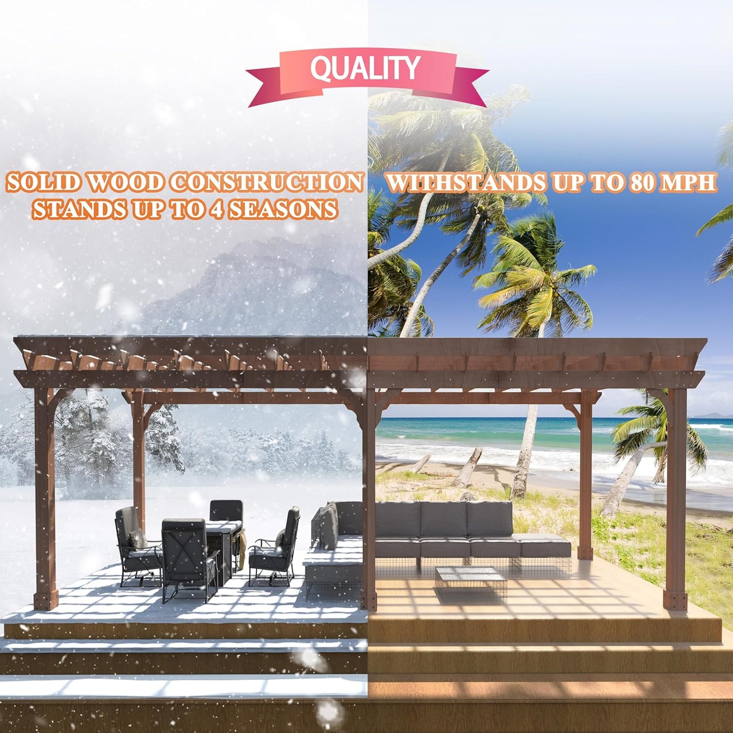 MUPATER 12x20 FT Retratable Wooden Pergola Gazebo for Patio Stakes, Quality Supported Structure, Snow and Wind Supported, Outdoor Pergola Garden Shelter Cedar Framed for Backyard,Deck,Garden