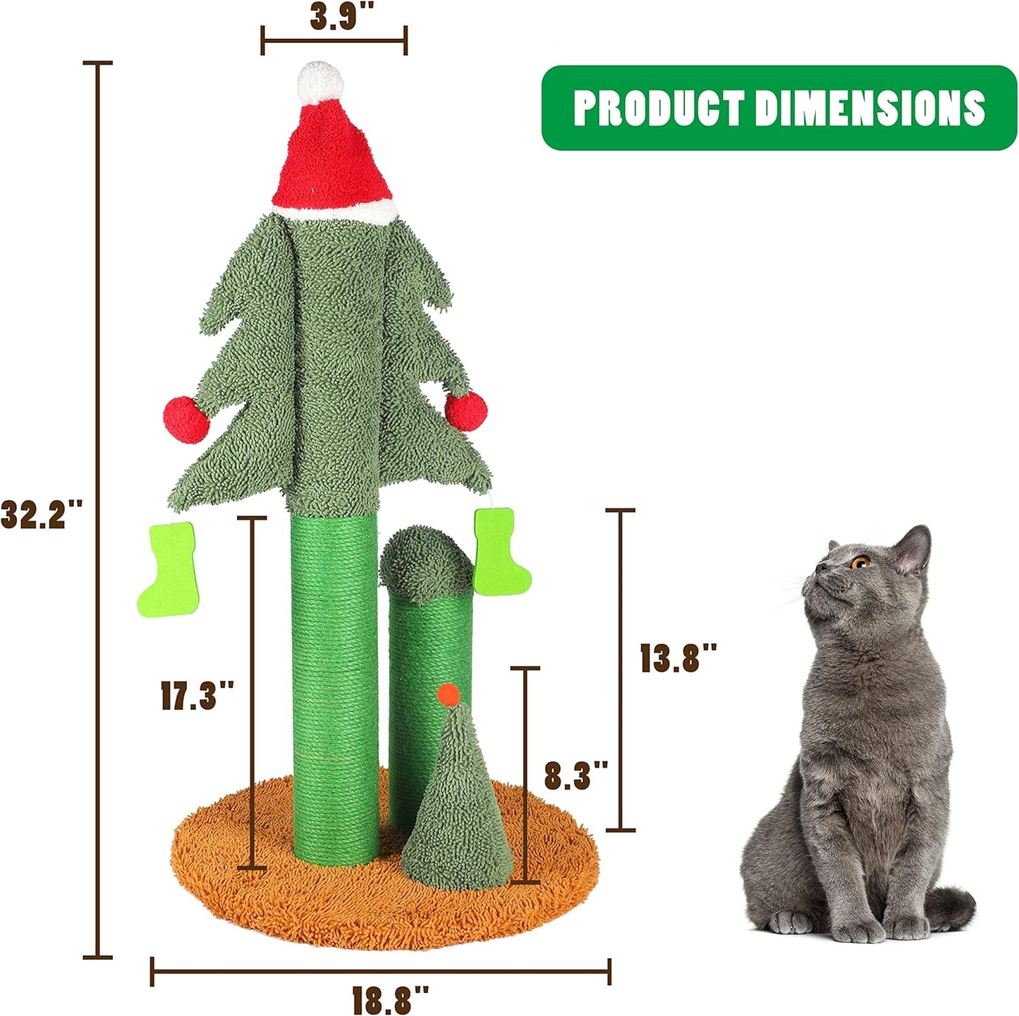 32” Cat Scratching Post, Tall Christmas Tree Cat Scratcher with 3 Posts and Cute Dangling Teaser Balls, Natural Sisal Rope Cat Toys for Kitty and Adult Cats