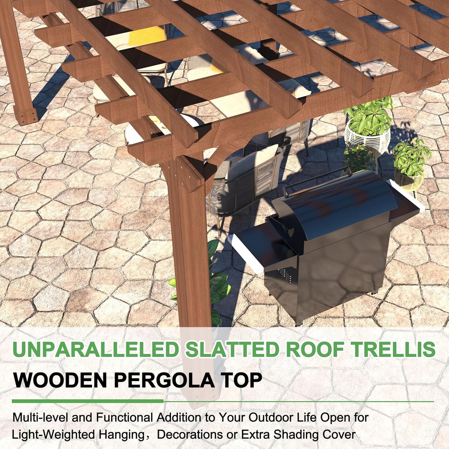 MUPATER 12×12 FT Outdoor Pergola with Roof, Wooden Pergola Kit with Stakes, Wood Garden Shelter Structure for Climbing Plant, Snow and Wind Supported, Shade for Patio, Backyard, Deck