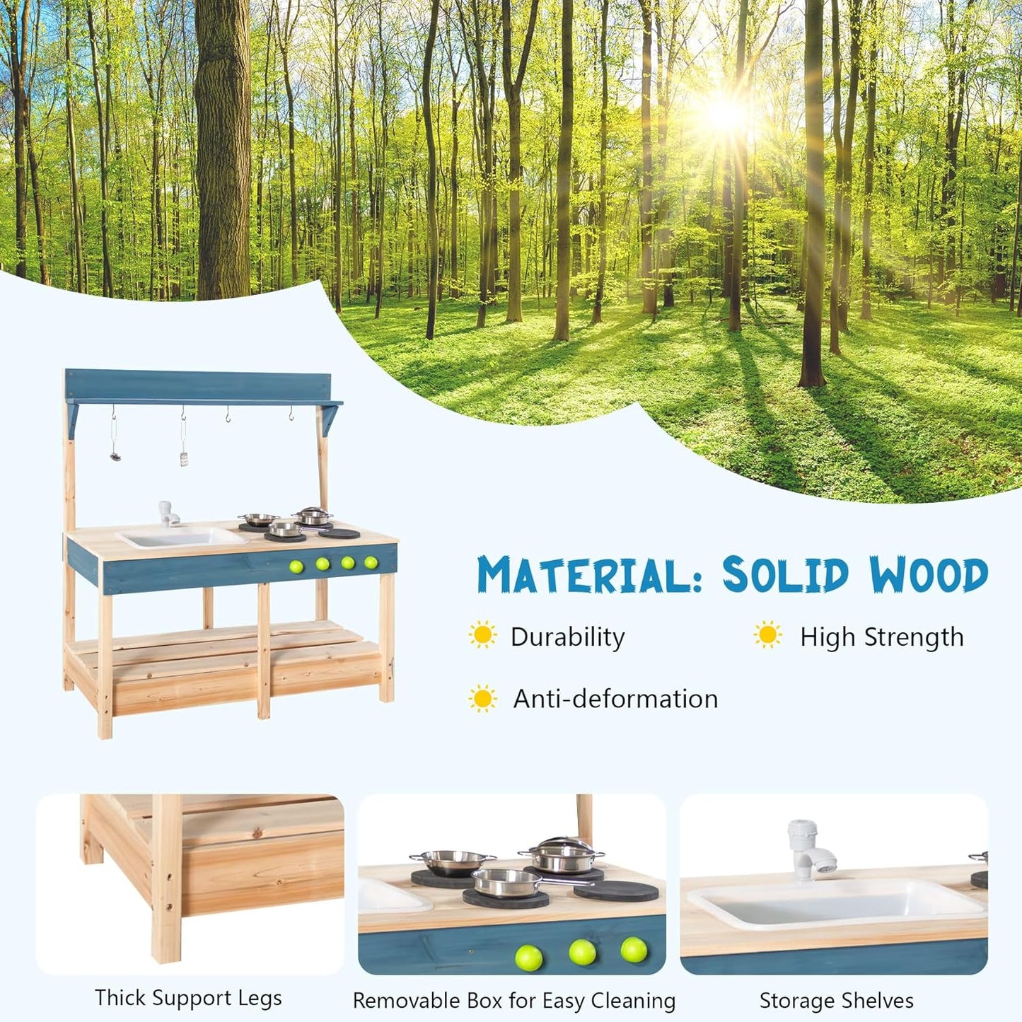 Mud Kitchen Playset for, Outdoor Wooden Toy Play Kitchen Set for Boys and Girls, Kitchen Accessories and Garden Sink with Faucet, Blackboard, Cookware Pot (Blue1)