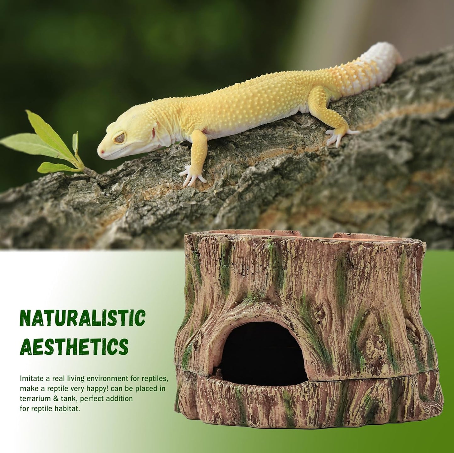 3 in 1 Reptile Hide Cave,Lizard Humid Hideout with Detachable Base and Clay Water Dish,Essential Reptile Terrarium Tank Accessories Decor for Leopard Geckos, Crested Geckos, Snakes, Crabs