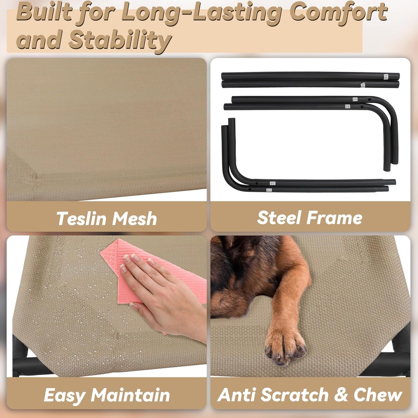 PHYEX Raised Pet Cot for Small Pets, Elevated Dog Bed with Breathable Mesh, Sturdy Steel Frame for Indoor & Outdoor Use, Non-Slip Design, Easy Clean, 33-Inch Brown